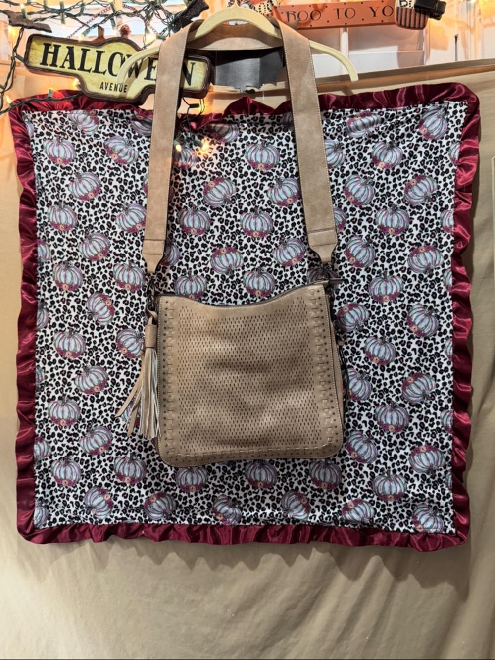 NWOT Jen & Co Taupe Perforated studded flap Tote with Tassel